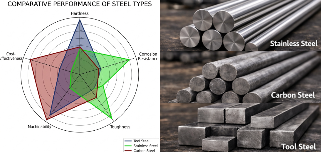 Radar chart comparing properties of tool steel vs stainless steel vs carbon steel